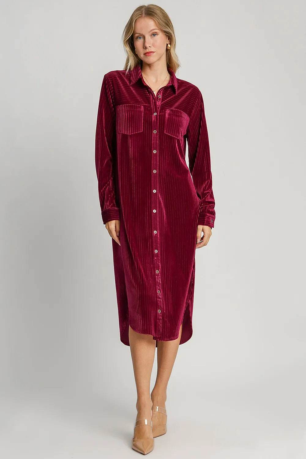 Umgee Texture Curved Hem Button Down Shirt Dress Burgundy Trendsi e654810a-3d0a-4f9c-9bf1-8130da71eb9a-Max
