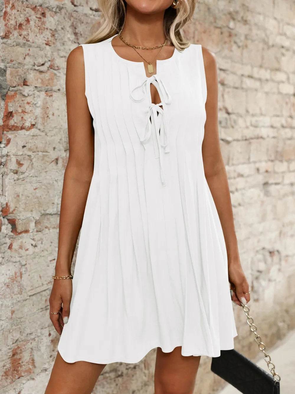 Tied Front Pleated Sleeveless Mini Dress Trendsi e65f9436-36e8-4e3e-b594-2953cae4a537-Max