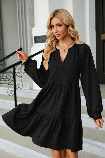 Notched Neck Long Sleeve Mini Dress Trendsi e67281ff89b448b1b3368b6664ab89b3-Max