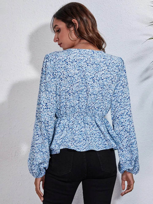 Floral V-Neck Balloon Sleeve Peplum Blouse Trendsi e692b4f5aa1942a28666b75cd3fc642d-Max