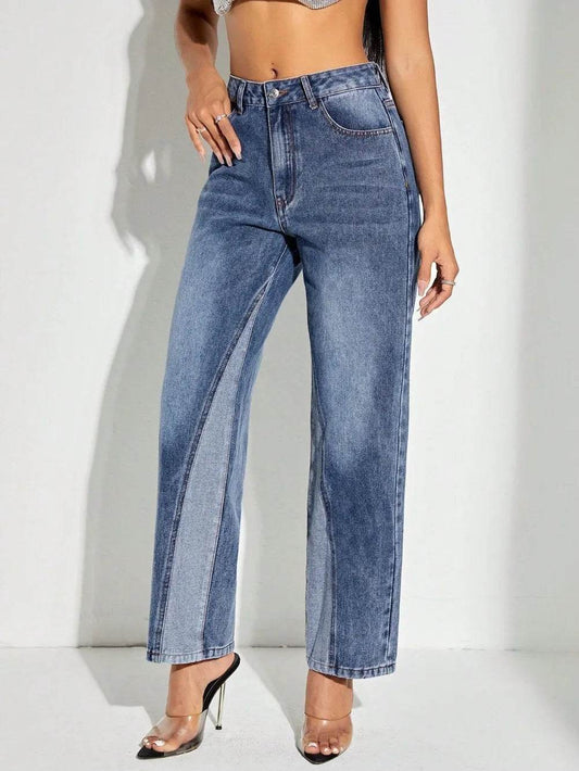 Contrast Patchwork Straight Jeans with Pockets Medium Trendsi e6a357d0-7d37-422a-b66a-1add8a48cce2-Max