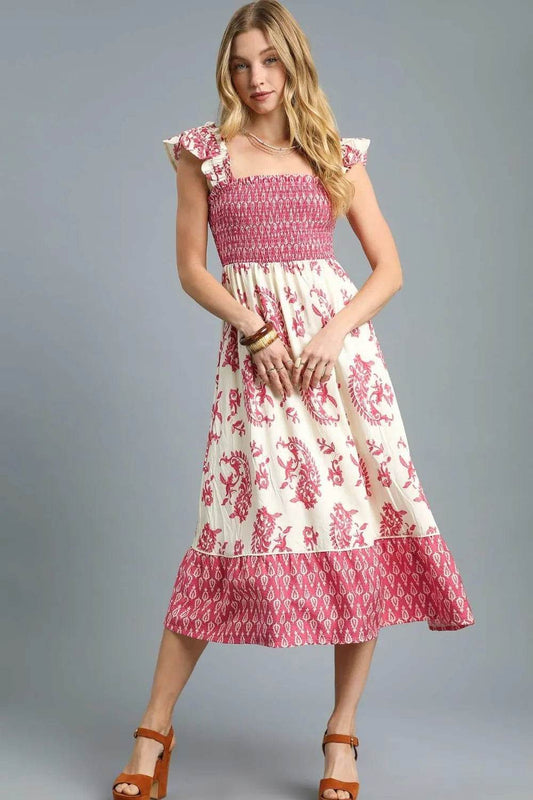 Umgee Printed Smocked Midi Dress with Ruffle Details Deep Rose Trendsi e6a61127-b442-422e-a953-a2a2af4781cb-Max-Origin