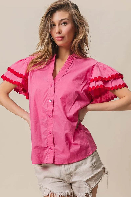 BiBi Dot Trim Flutter Sleeve Notched Top FUCHSIA RED Trendsi e6b216495b214d419e204a4ff7fa45de-Max-Origin