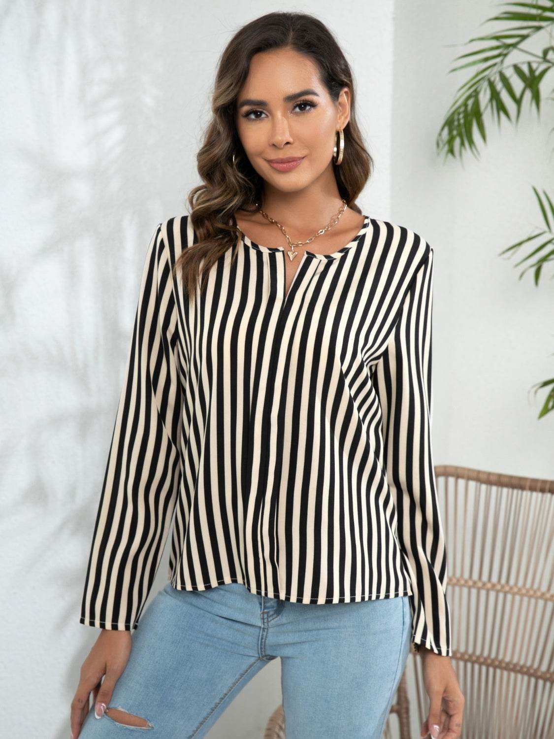 Striped Long Sleeve Notched Blouse Trendsi e6cac499e97a40e085043740d13aa550-Max