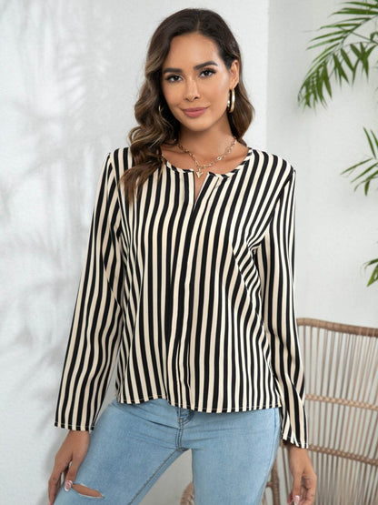Striped Long Sleeve Notched Blouse Trendsi e6cac499e97a40e085043740d13aa550-Max