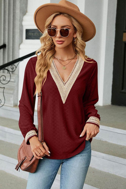 V-Neck Long Sleeve Blouse Burgundy Trendsi e712fc44a95b410e83ddc80351dd535e-Max