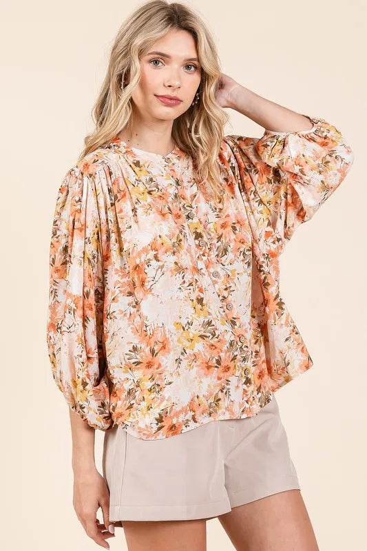 Mittoshop Flower Print Batwing Sleeve Button Down Blouse Trendsi e7139856-dbf5-4b06-8cee-9c733b7b332c-Max