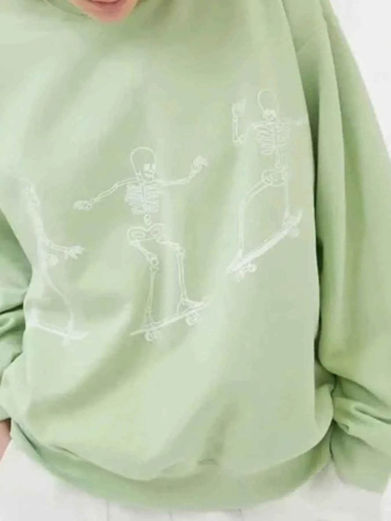 Skeleton Graphic Oversized Sweatshirt Light Green Trendsi e715447e-bf49-47bf-9035-dabb7e9a65dd-Max-Origin