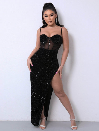 Sequin Spliced Mesh Adjustable Strap Dress Black Trendsi e723932a95184740b8c626dcc4e4ad11-Max