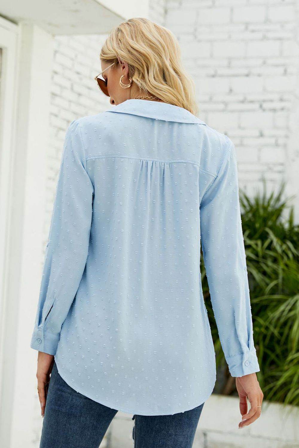 Swiss Dot Johnny Collar Blouse Trendsi e72fb055b4a64180a14922abdbb11e4d-Max