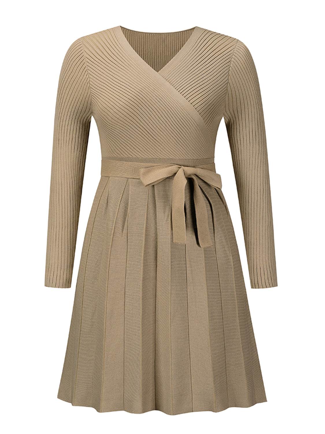 Surplice Neck Tie Front Pleated Sweater Dress Trendsi e754768e4bc54fc692230ce144671fcb-Max