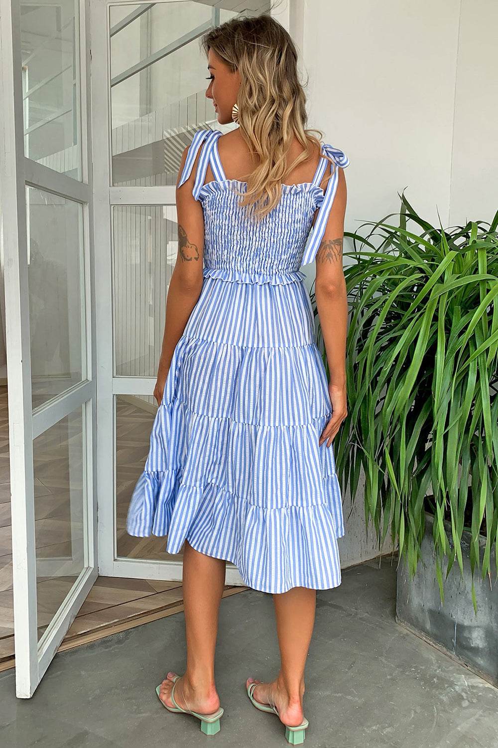 Striped Tie-Shoulder Tiered Dress Trendsi e779636fca6243f28676d2431dc71f9c-Max