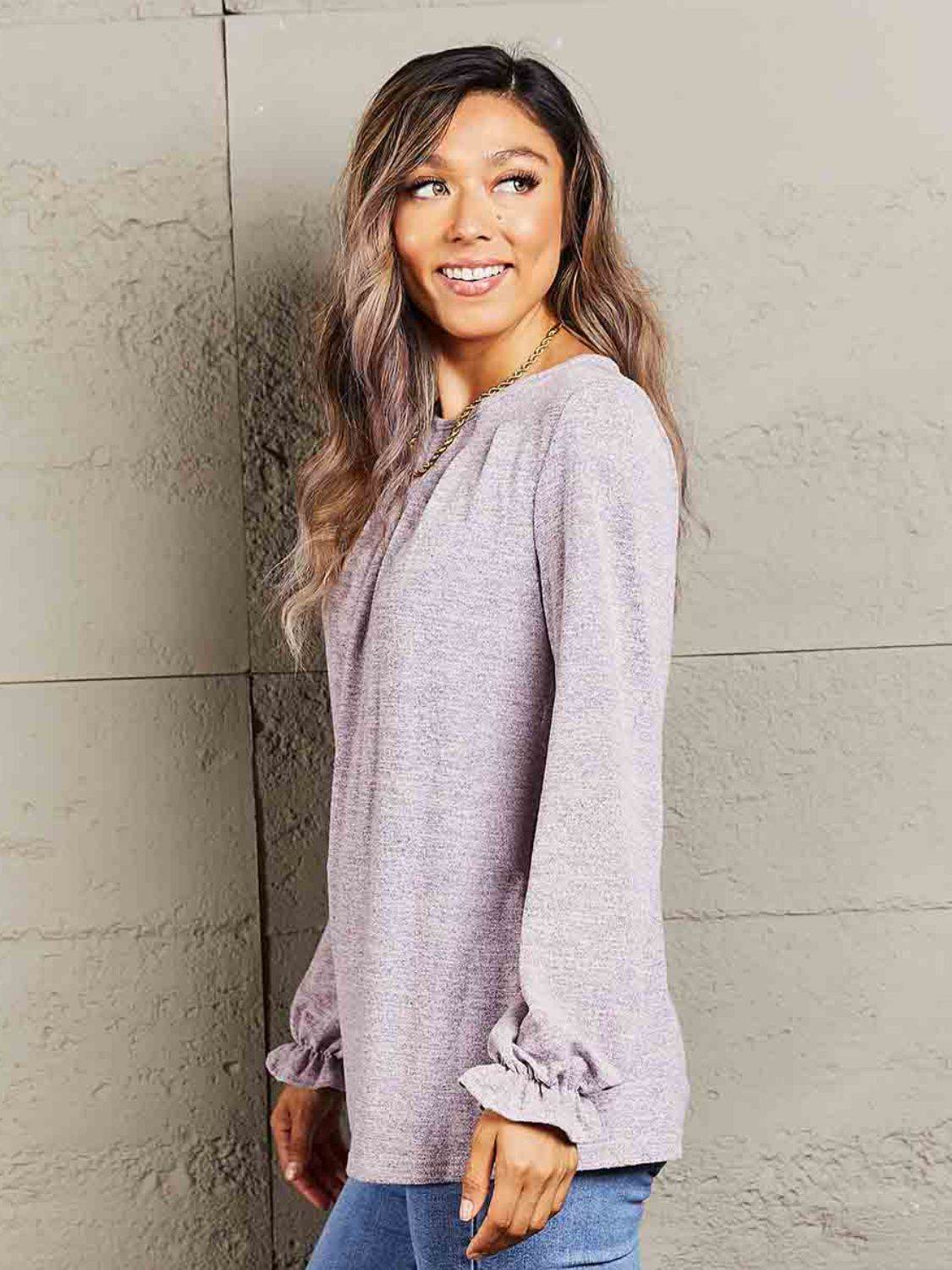 Mandy Long Flounce Sleeve Round Neck Blouse Trendsi e77c5153a4cc4633afae0a486dc803b5-Max
