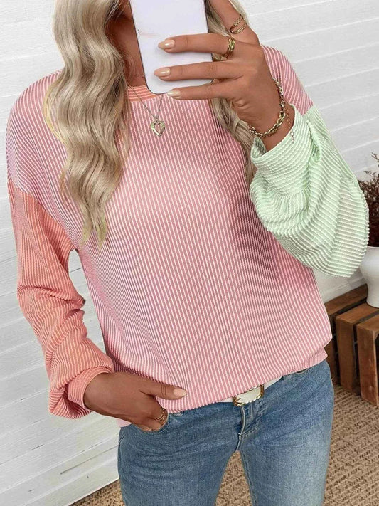 Color Block Ribbed Long Sleeve T-Shirt Trendsi e784f56a-e6c9-4e67-bf22-776a52eac10e-Max-Origin