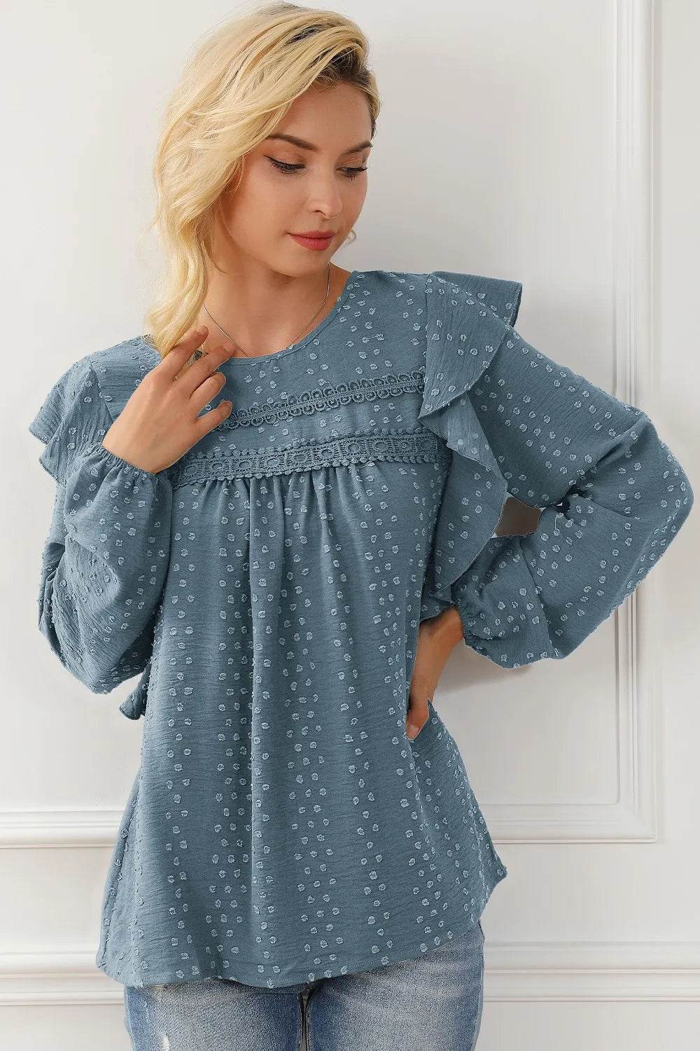 Round Neck Ruffled Blouse Trendsi e7868d2550bc48229908fc46e8fffb3a-Max