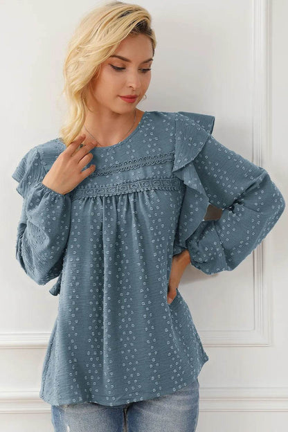 Round Neck Ruffled Blouse Trendsi e7868d2550bc48229908fc46e8fffb3a-Max