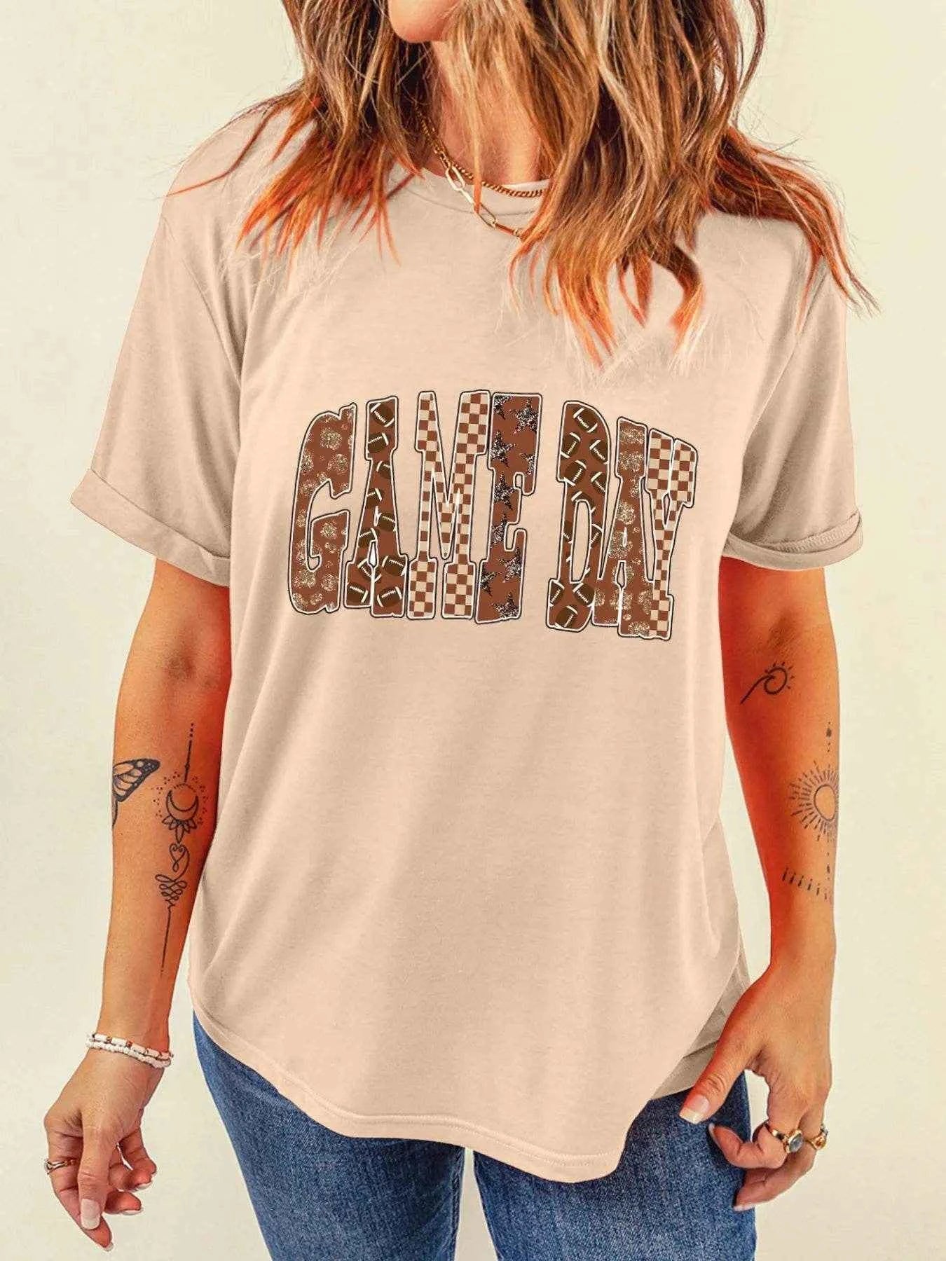 Full Size GAME DAY Checkered Letter Graphic T Shirt Plus Size Tan Trendsi e7bd4d81710a4cf7aaa07aaad77274b0-Max-Origin