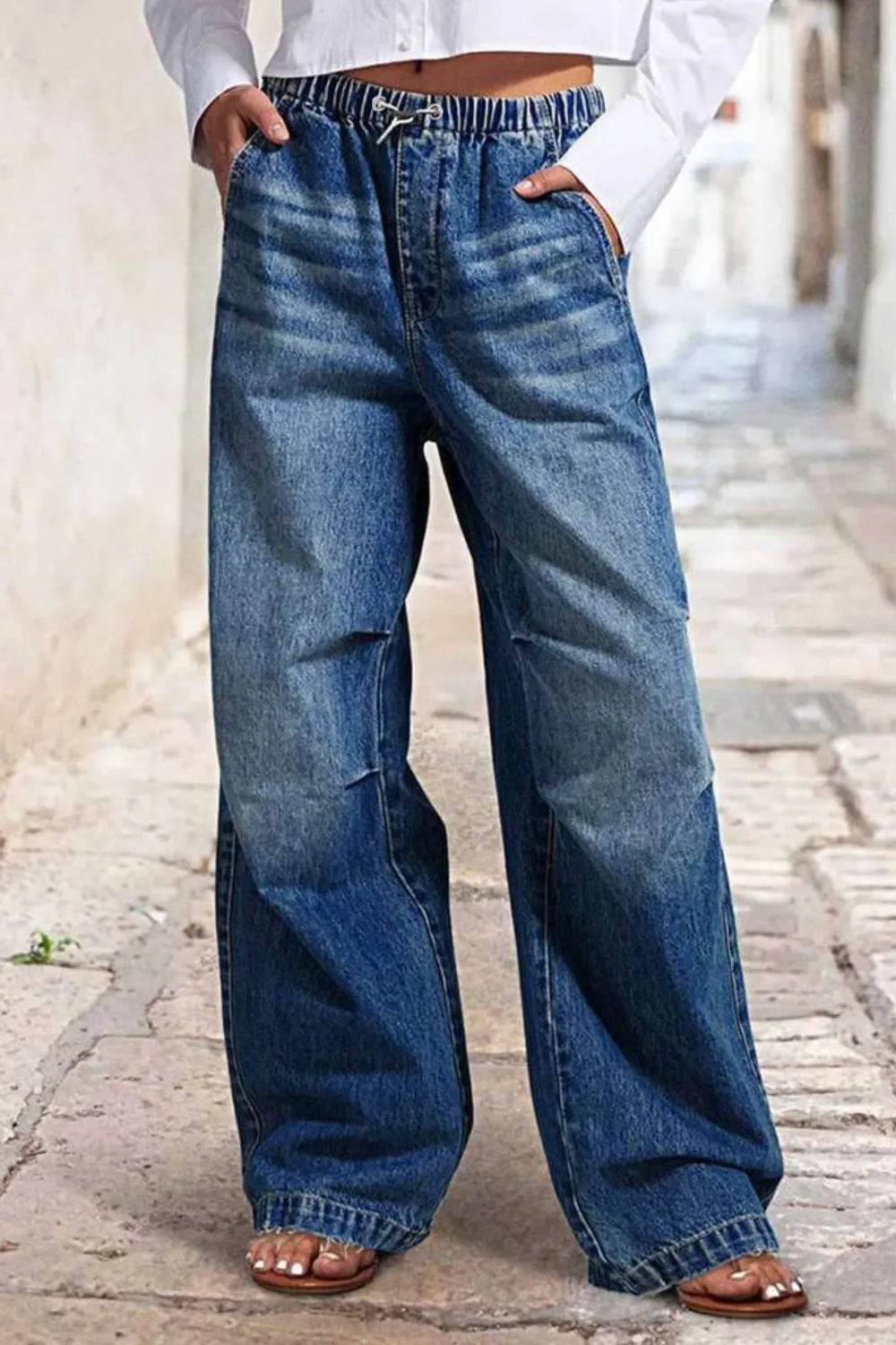 Drawstring Waist Wide Leg Shirred Jeans Medium Trendsi e7c697e3-aa5a-4064-aac9-e9370d32e6c2-Max