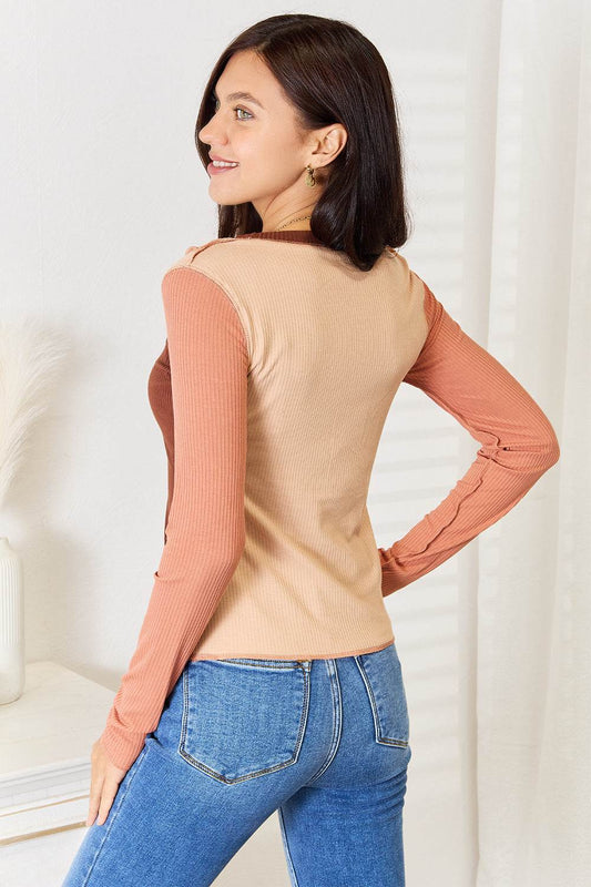 Double Take Color Block Exposed Seam Long Sleeve Top Trendsi e7d32344bdb6428ebe1a9cd4d8484aba-Max