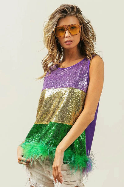 BiBi Mardi Gras Color Block Faux Feather Hem Sequin Top PURPLE MUSTARD GREEN Trendsi e7e2c6669d004946863884596c848c84-Max-Origin