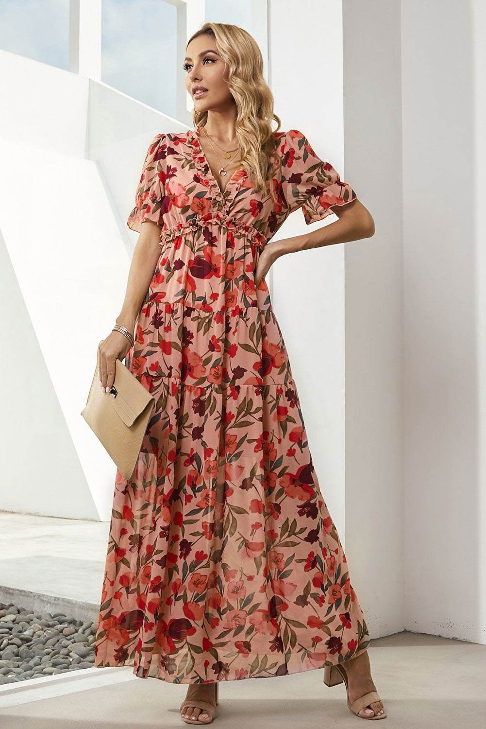 Floral V-Neck Short Flounce Sleeve Dress Trendsi e83bd06ed088487faba214aad46e53f8-Max