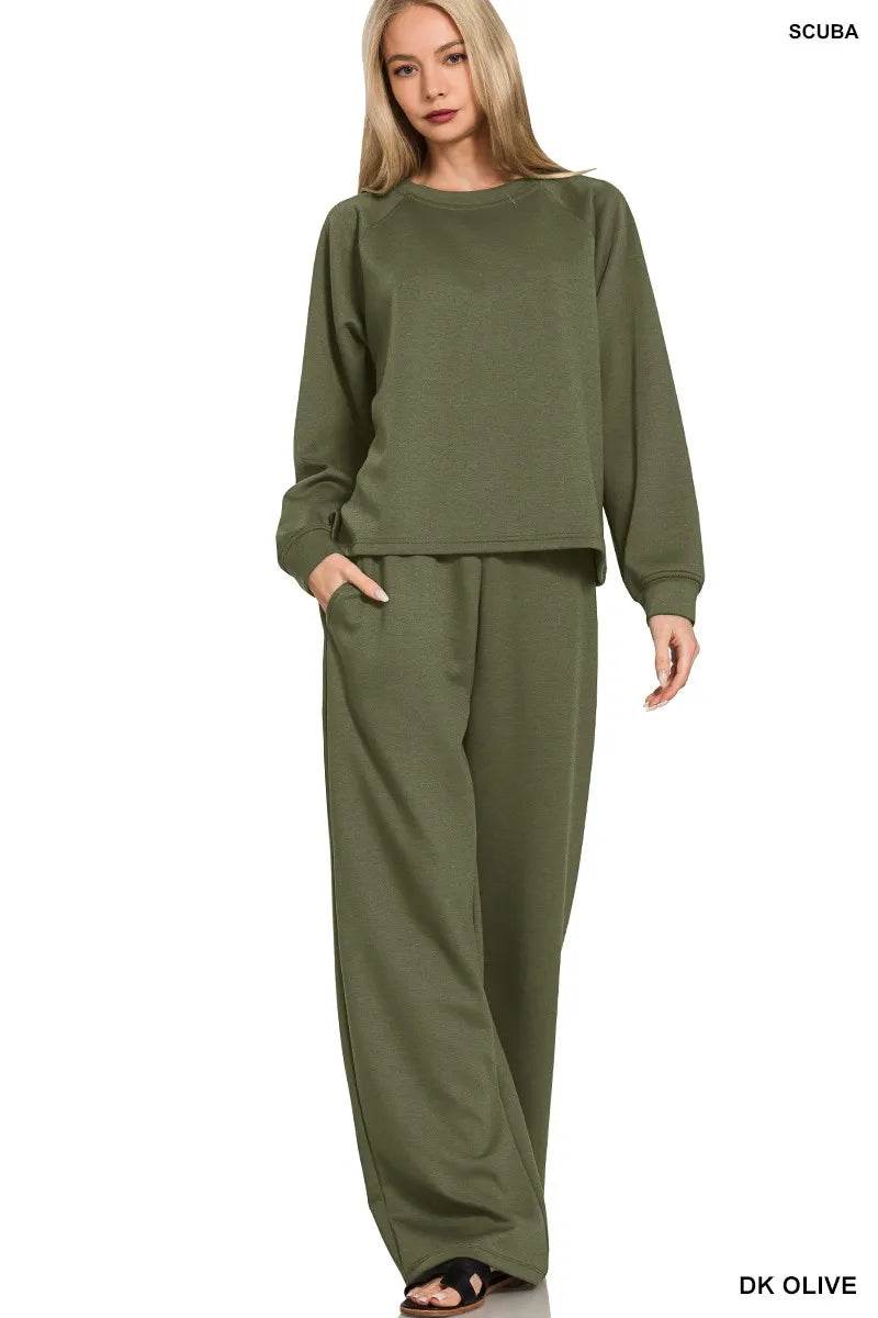 Zenana Scuba Crewneck Sweatshirt and Pants Set DK OLIVE Trendsi e86a9cf924464670a39a622ce29d1cf1-Max-Origin