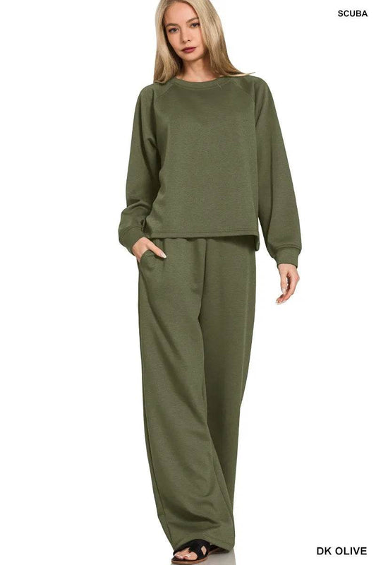 Zenana Scuba Crewneck Sweatshirt and Pants Set DK OLIVE Trendsi e86a9cf924464670a39a622ce29d1cf1-Max-Origin