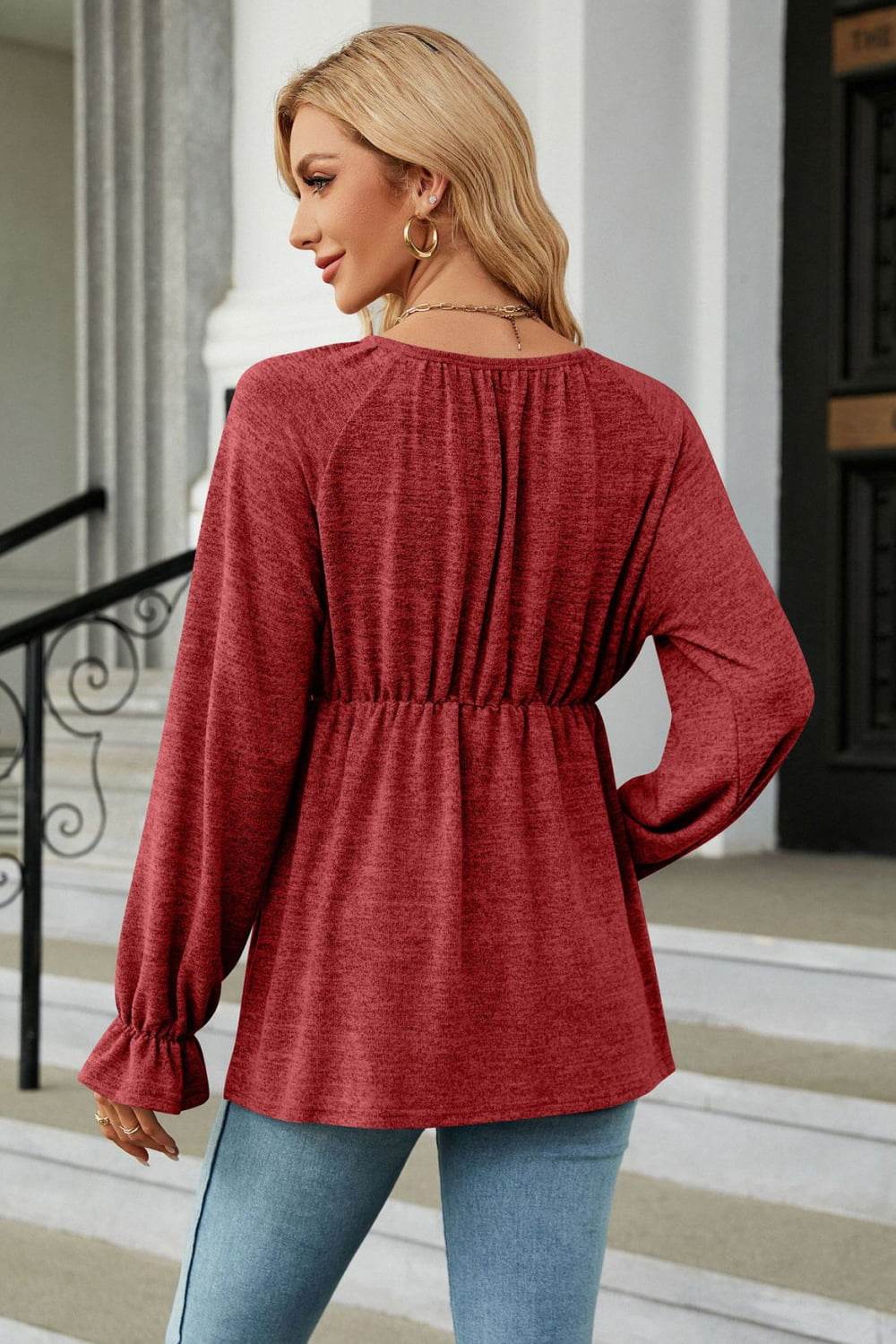 Round Neck Flounce Sleeve Blouse Trendsi e8a80bc065394bd48897d2db12acbb1a-Max