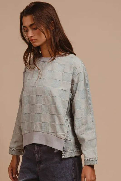 BiBi Mineral Washed Checkered Round Neck Denim Top Trendsi e8c3a92d-5aaa-417f-9ff6-7d2ed29f4db1-Max