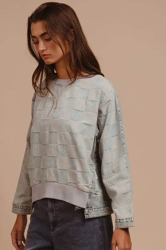 BiBi Mineral Washed Checkered Round Neck Denim Top Trendsi e8c3a92d-5aaa-417f-9ff6-7d2ed29f4db1-Max