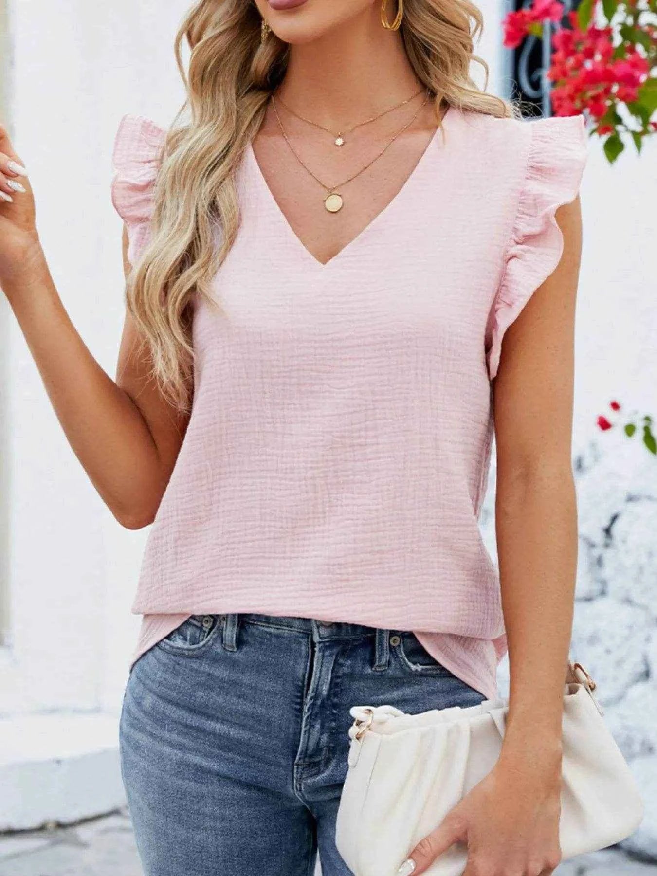 V-Neck Ruffled Sleeve Top Trendsi e8c54be6-dedd-45bf-bcec-4fd9c5dff7b4-Max-Origin