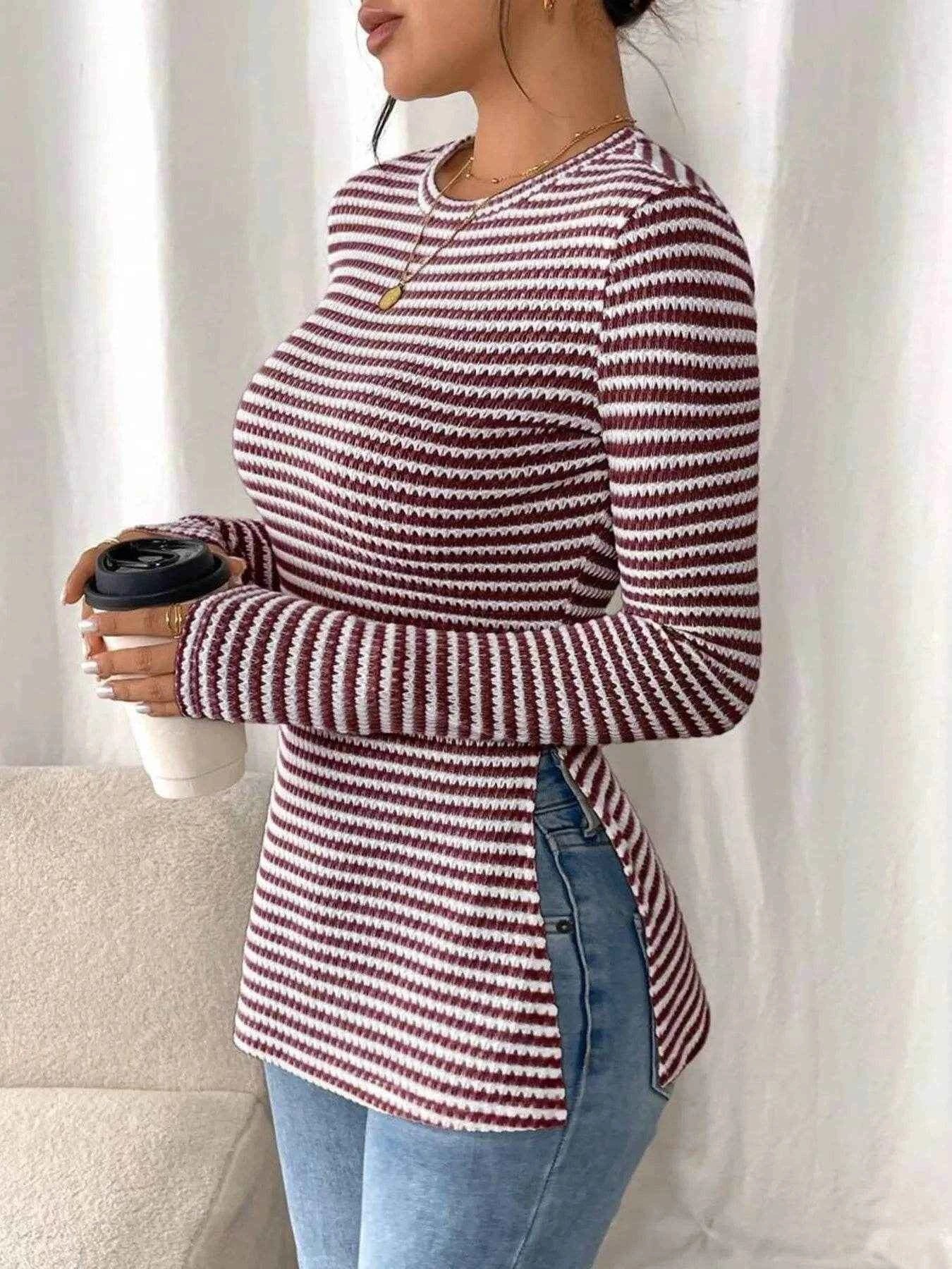 Side Slit Striped Long Sleeve T-Shirt Trendsi e8d099d8156b436db925baf1579c7de8-Max-Origin