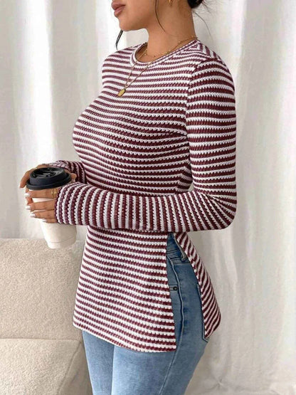 Side Slit Striped Long Sleeve T-Shirt Trendsi e8d099d8156b436db925baf1579c7de8-Max-Origin