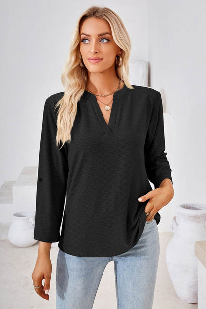 V-Neck Roll-Tap Sleeve Blouse Black Trendsi e8e01148174a45d5a227f9c0c1bfb61e-Max