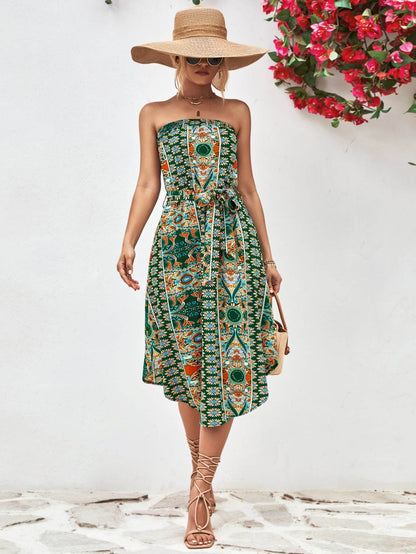 Printed Strapless Tie Belt Dress Green Trendsi e8ea2ff4aedc4c87b71a619d2016a5fe-Max