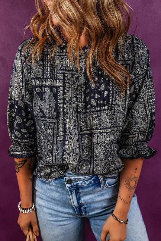 Printed Buttoned Flounce Sleeve Blouse Dark Navy Trendsi e8ebb14310bf4def91a8c82560d44276-Max
