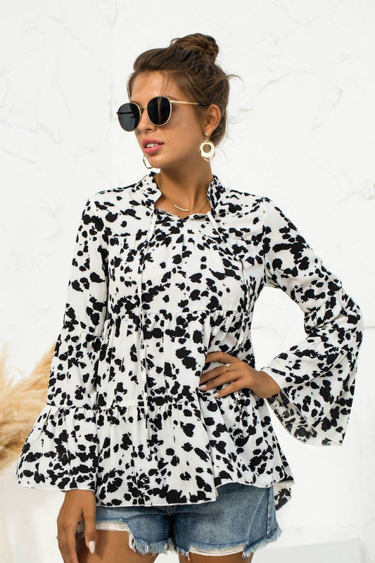 Printed Flare Sleeve Tie Neck Ruffle Trim Blouse White Trendsi e8fb4f805439466c8a320c361d472f62-Max