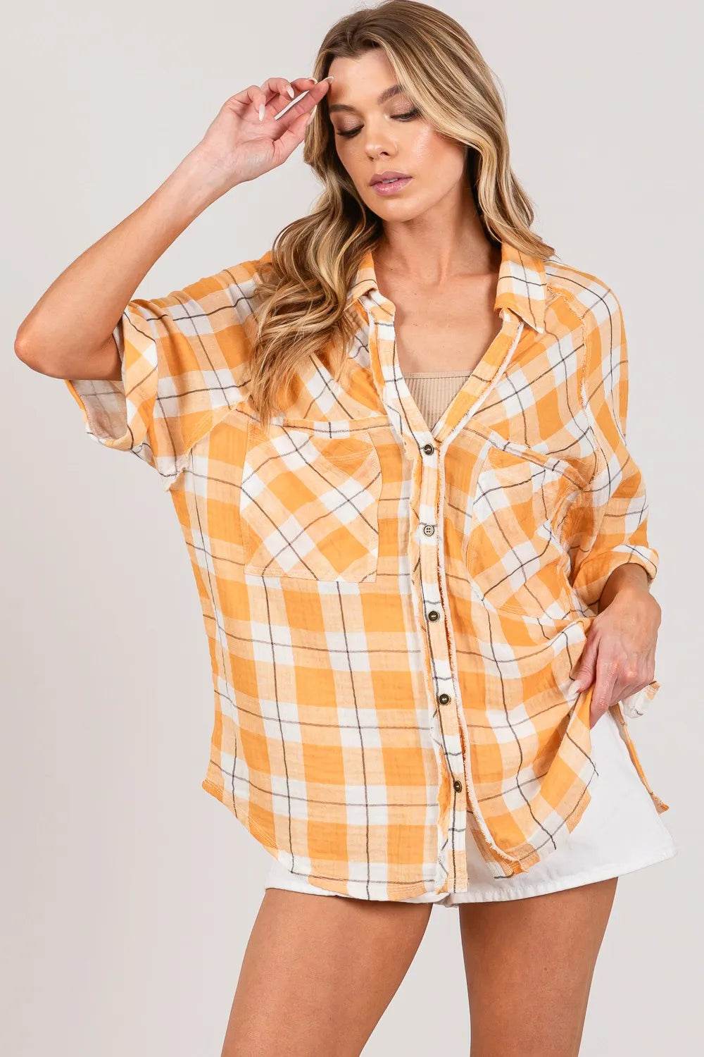 SAGE + FIG Plaid Button Up Side Slit Shirt Trendsi e8fdf08a-e0ef-484e-adfc-de65effc4d9b-Max
