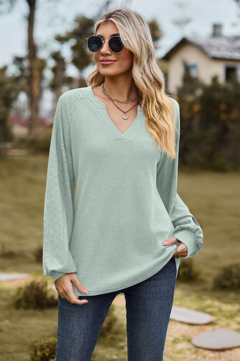 Notched Neck Raglan Sleeve Blouse Trendsi e922dd11f92a43b3bd34d1ff24c4f443-Max