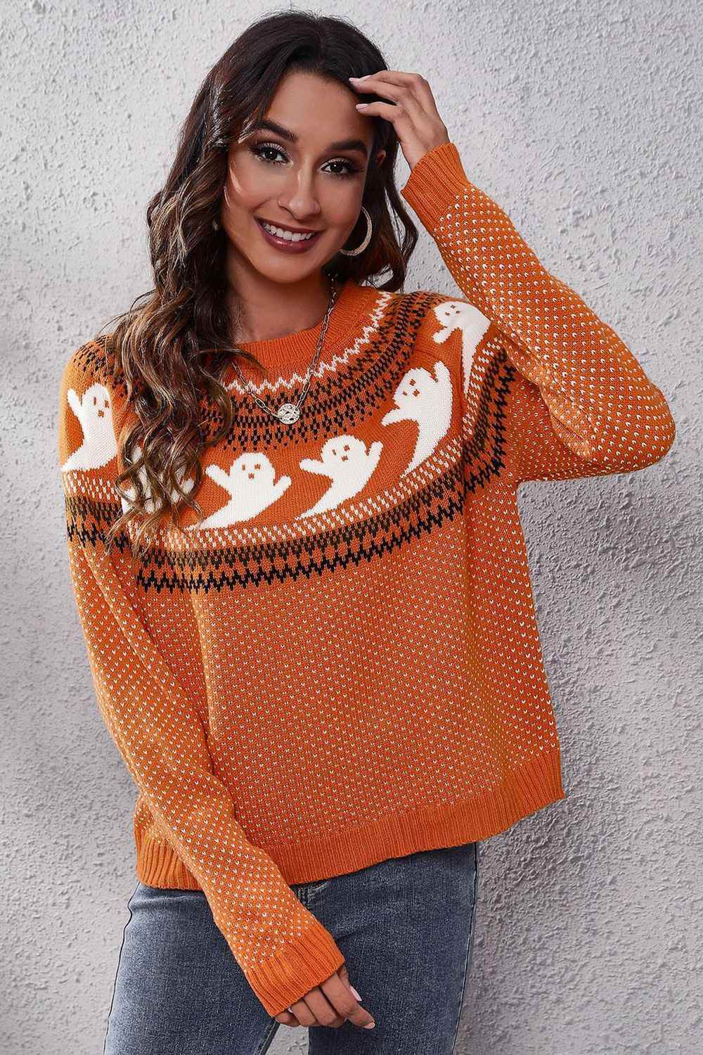 Ghost Pattern Round Neck Long Sleeve Sweater Orange Trendsi e923465ae7c148ef8f87c6111b8d0867-Max