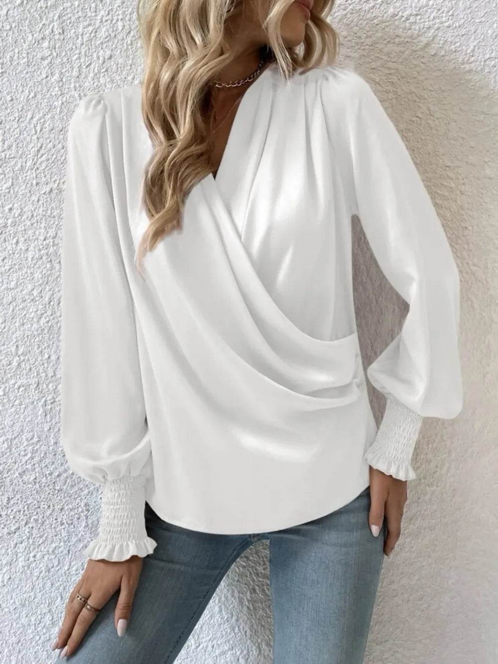 Surplice Smocked Lantern Sleeve Blouse White Trendsi e980fb3d8f8549659b92e146308d83ac-Max