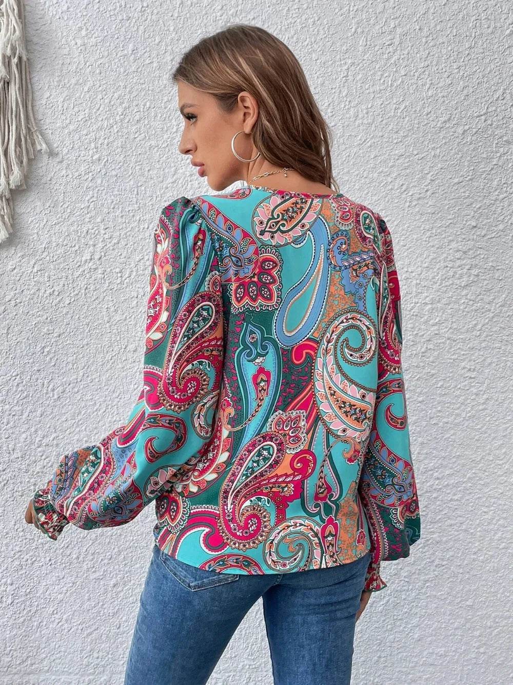 Printed Surplice Smocked Lantern Sleeve Blouse Trendsi e98175b4d28b4f5598420216ccfc6b05-Max