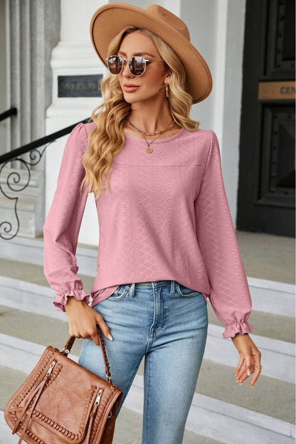 Round Neck Flounce Sleeve Blouse Pink Trendsi e99d2db84ef14042a67b5270b4cc2cfd-Max