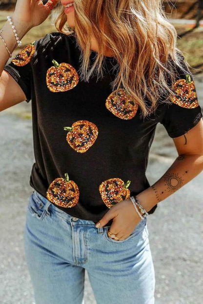Sequin Pumpkin Round Neck Short Sleeve T-Shirt Trendsi ea0e63be-d7a5-43f8-8e70-35f7e4ca9109-Max