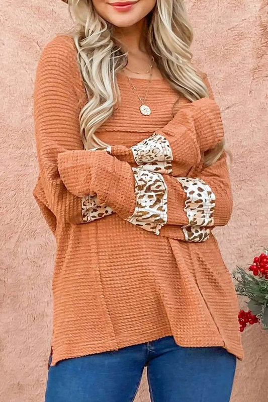 Waffle-Knit Leopard Long Sleeve Slit Blouse Sherbet Trendsi ea13a64bb567493e81276dfd7634eceb-Max