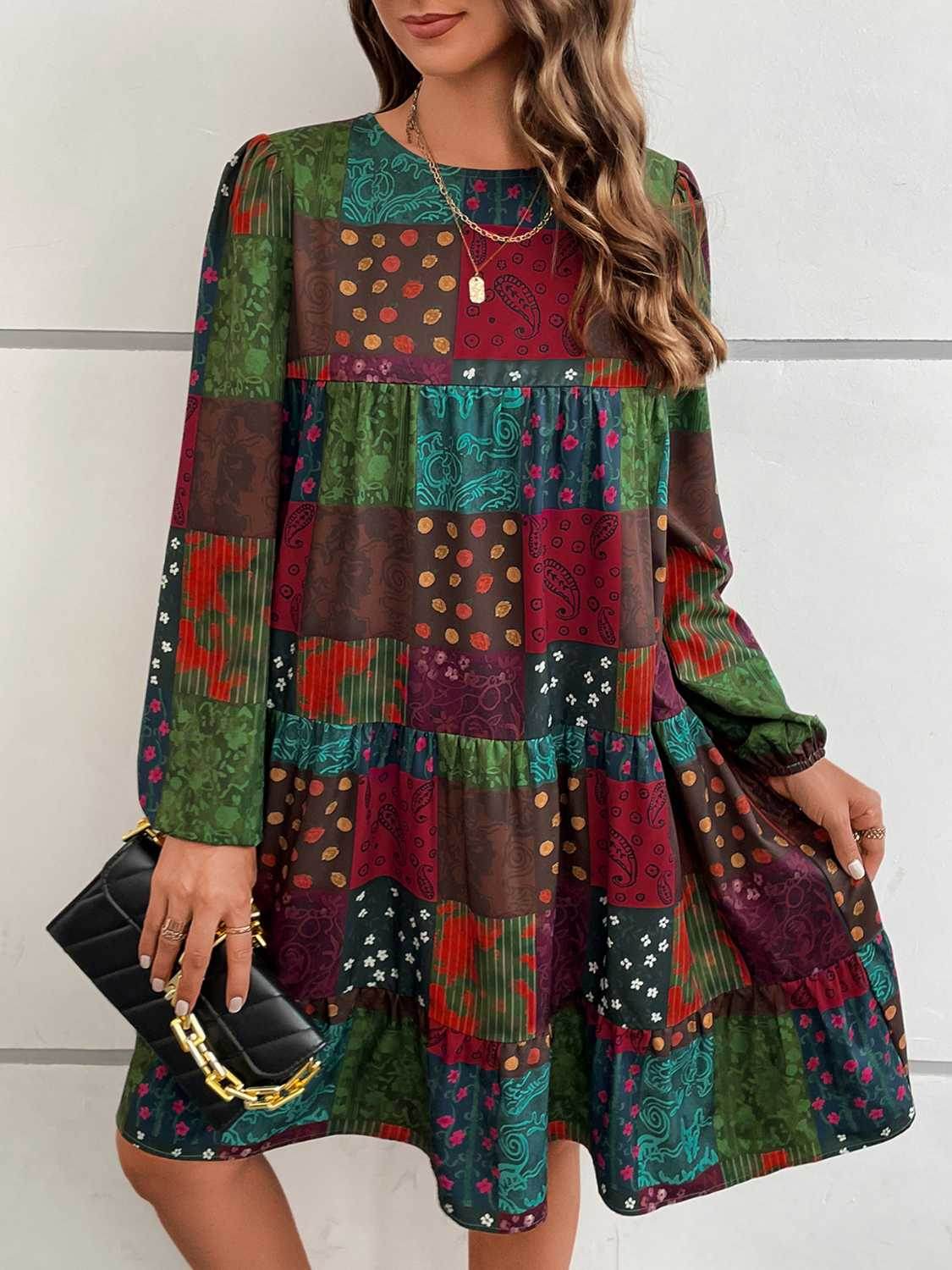 Patchwork Round Neck Long Sleeve Dress Trendsi ea21c53549b24f728289d5b15cb05ba7-Max