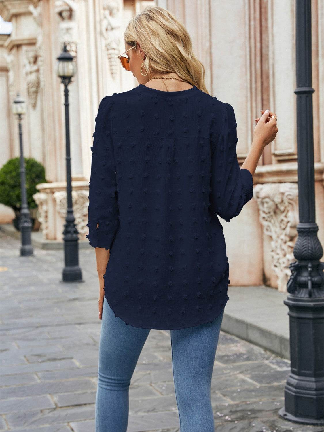 Swiss Dot Notched Neck Blouse Trendsi ea3876156aec48caa57a3e2f6a5c21c4-Max
