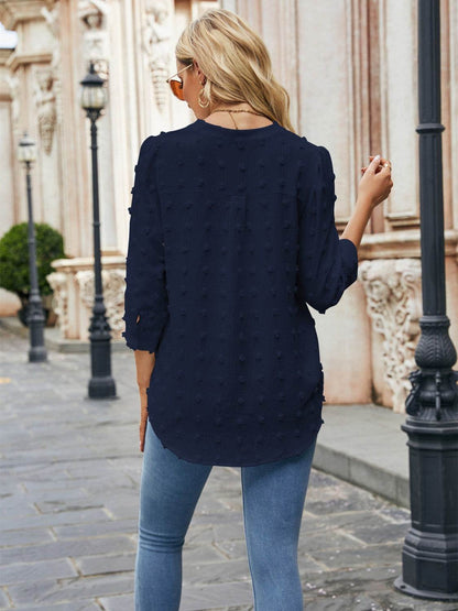 Swiss Dot Notched Neck Blouse Trendsi ea3876156aec48caa57a3e2f6a5c21c4-Max