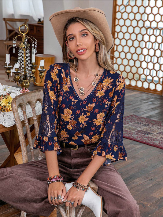 Floral V-Neck Crochet Blouse Trendsi ea97082e1abb419e920f3bea9b8475dc-Max