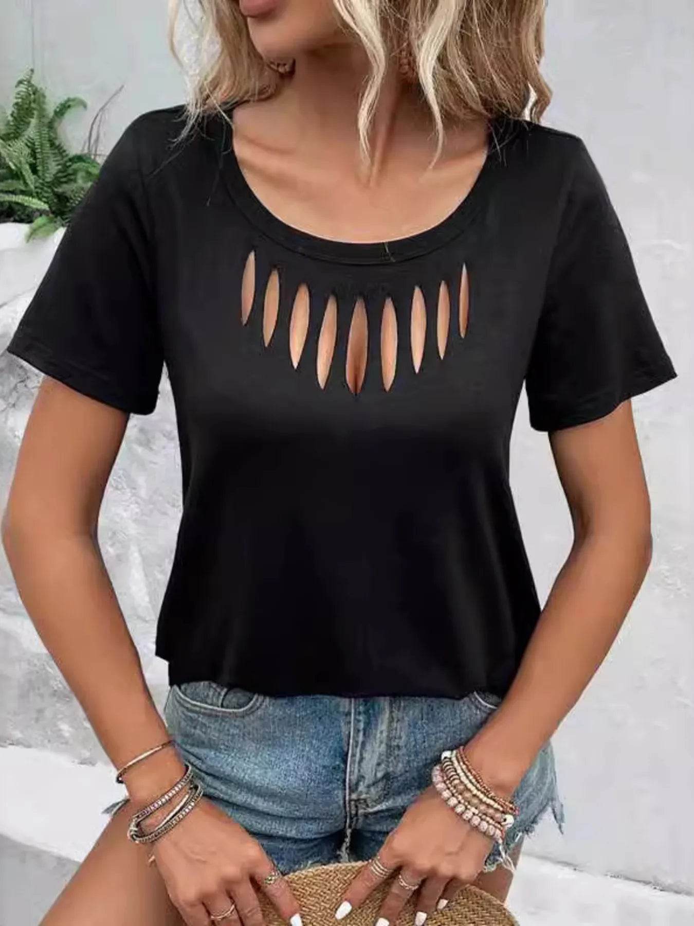 Hollow Out Neckline Short Sleeve T-Shirt Trendsi eac1ccb720644b1c95bbc37105298bdf-Max-Origin